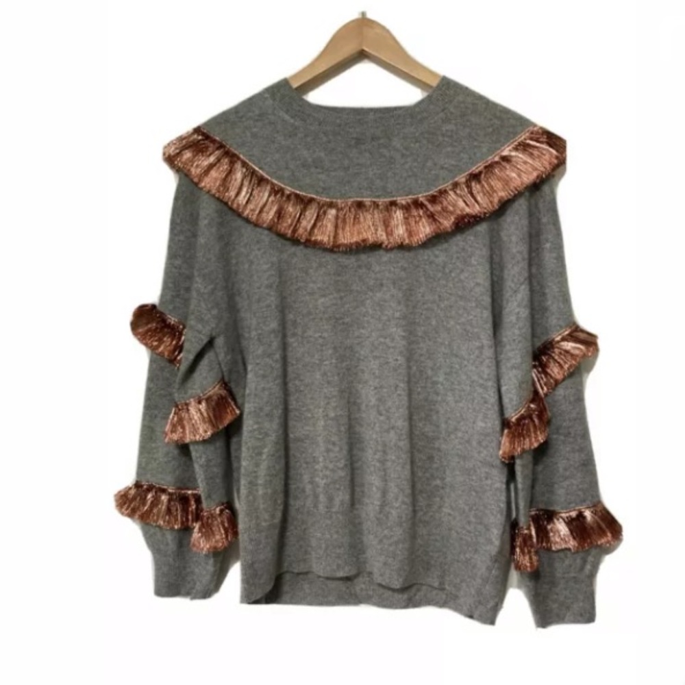 J.Crew Cashmere sweater with lamé fringe Gray